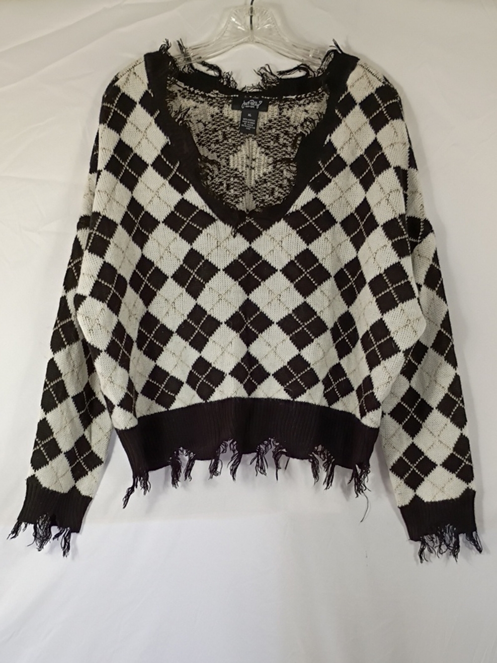 Just Polly New York Fringe Black And White Argyle Crop Sweater Women's Size XL